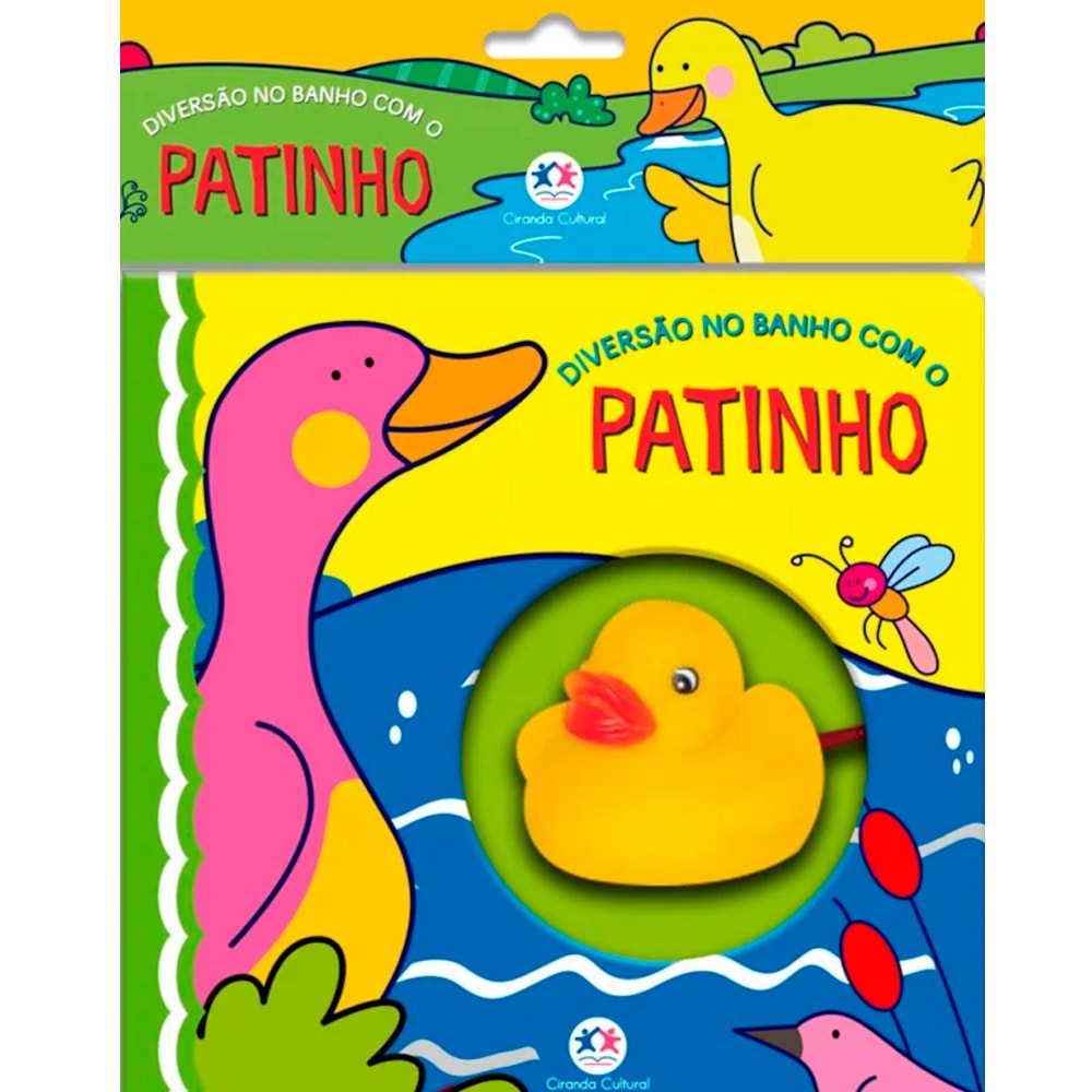 Livro de banho "Diversão no Banho com o Patinho" com patinho de borracha amarelo. — Plenitude