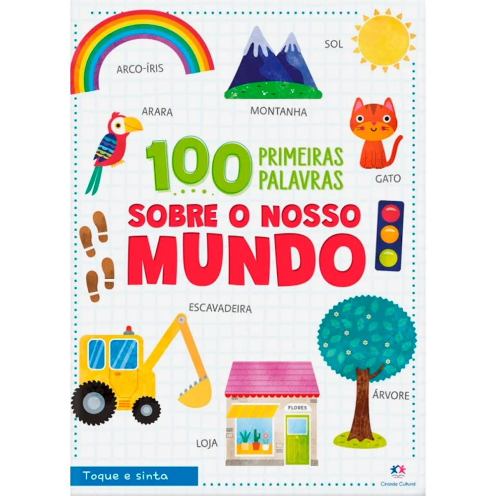 Livro infantil "100 Primeiras Palavras Sobre o Nosso Mundo", capa branca com ilustrações coloridas de elementos da natureza. — Plenitude