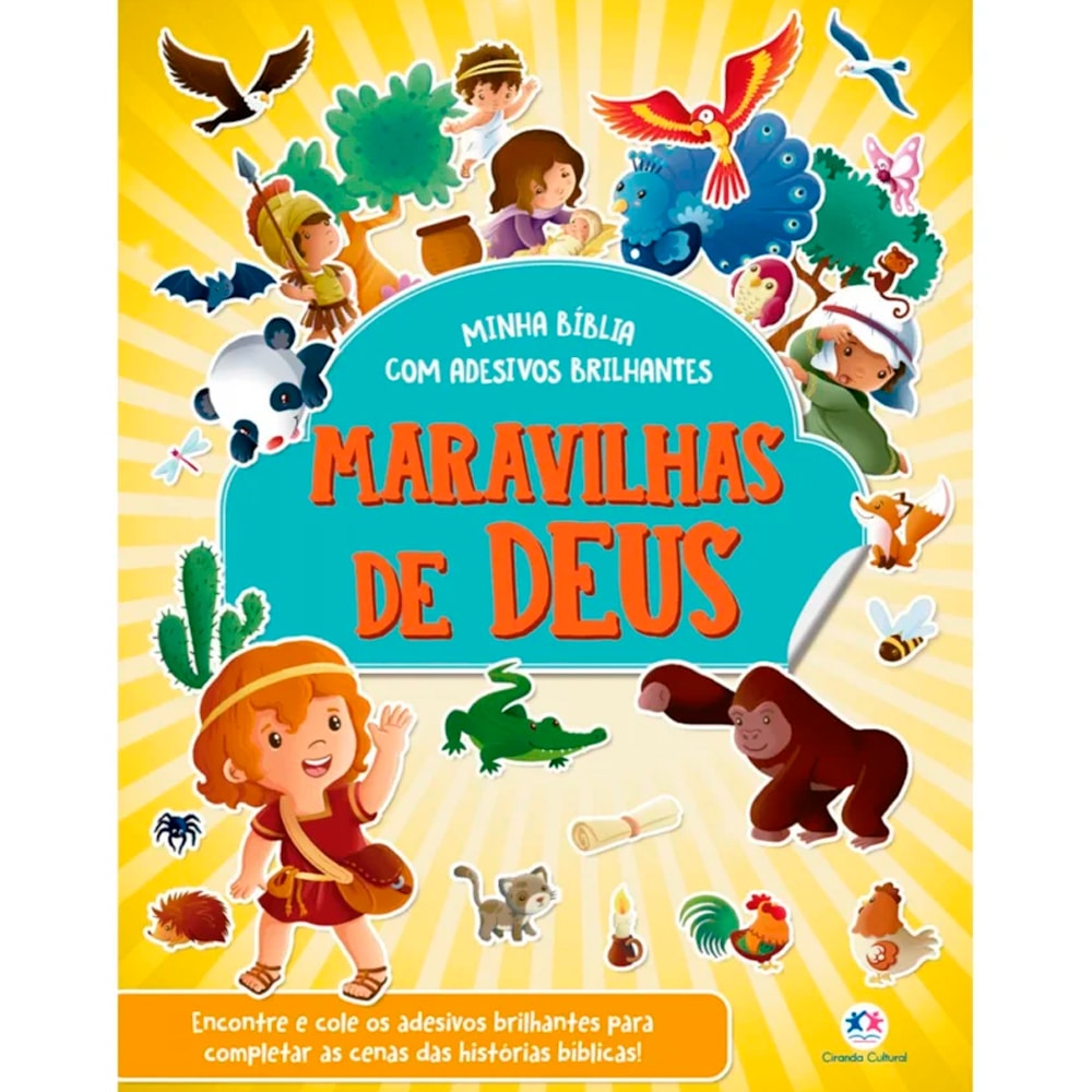 Livro infantil "Minha Bíblia Maravilhas de Deus" com adesivos brilhantes, capa amarela ilustrada com crianças e animais — Plenitude