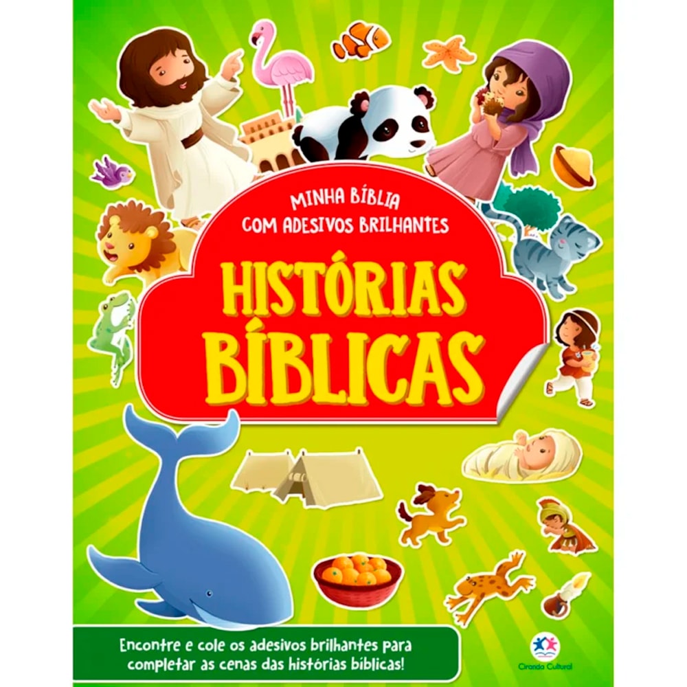 Livro infantil "Minha Bíblia Histórias Bíblicas" com adesivos brilhantes, capa verde e ilustrações coloridas. — Plenitude