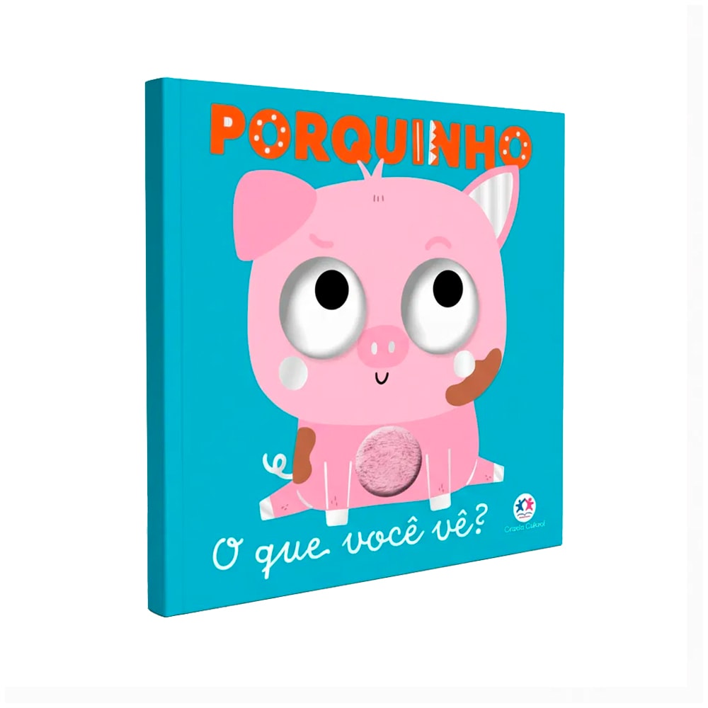 Livro cartonado "Porquinho | O Que Você Vê?", capa azul com um porquinho rosa e olhos grandes. — Plenitude