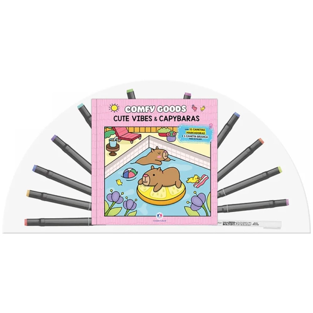 Livro para colorir "Cute Vibes And Capybaras" com canetinhas, capa rosa com capivaras na piscina. — Plenitude