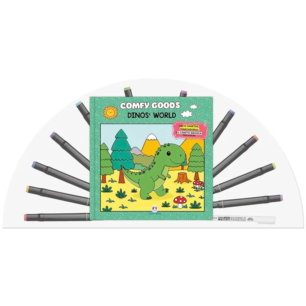 Livro para colorir "Dinos World" com capa verde e ilustração de dinossauro, acompanhado de canetinhas coloridas. — Plenitude