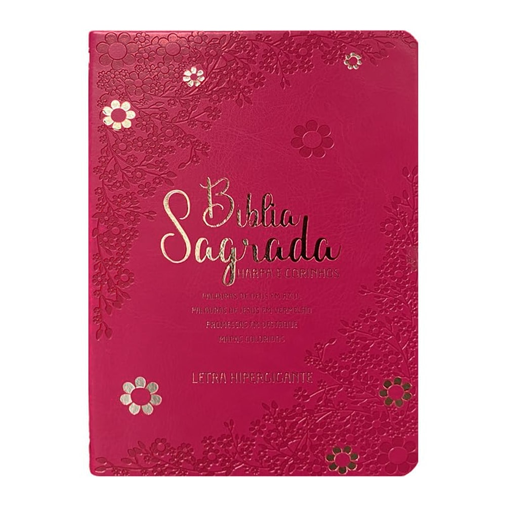 Bíblia Sagrada ARC, capa luxo pink com detalhes florais em dourado, letra hipergigante e Harpa Avivada e Corinhos. — Plenitude