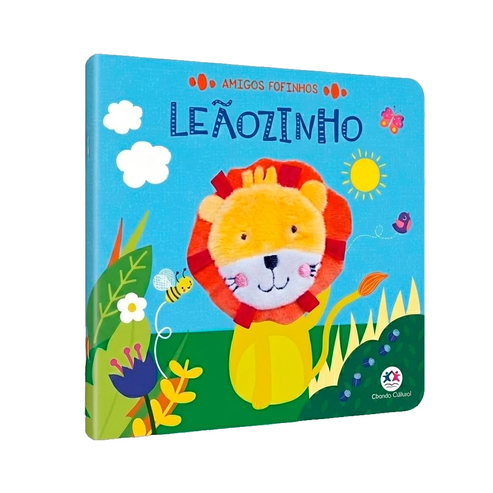 Livro infantil "Amigos Fofinhos | Leãozinho" com dedoche, capa azul clara com um leão de pelúcia. — Plenitude