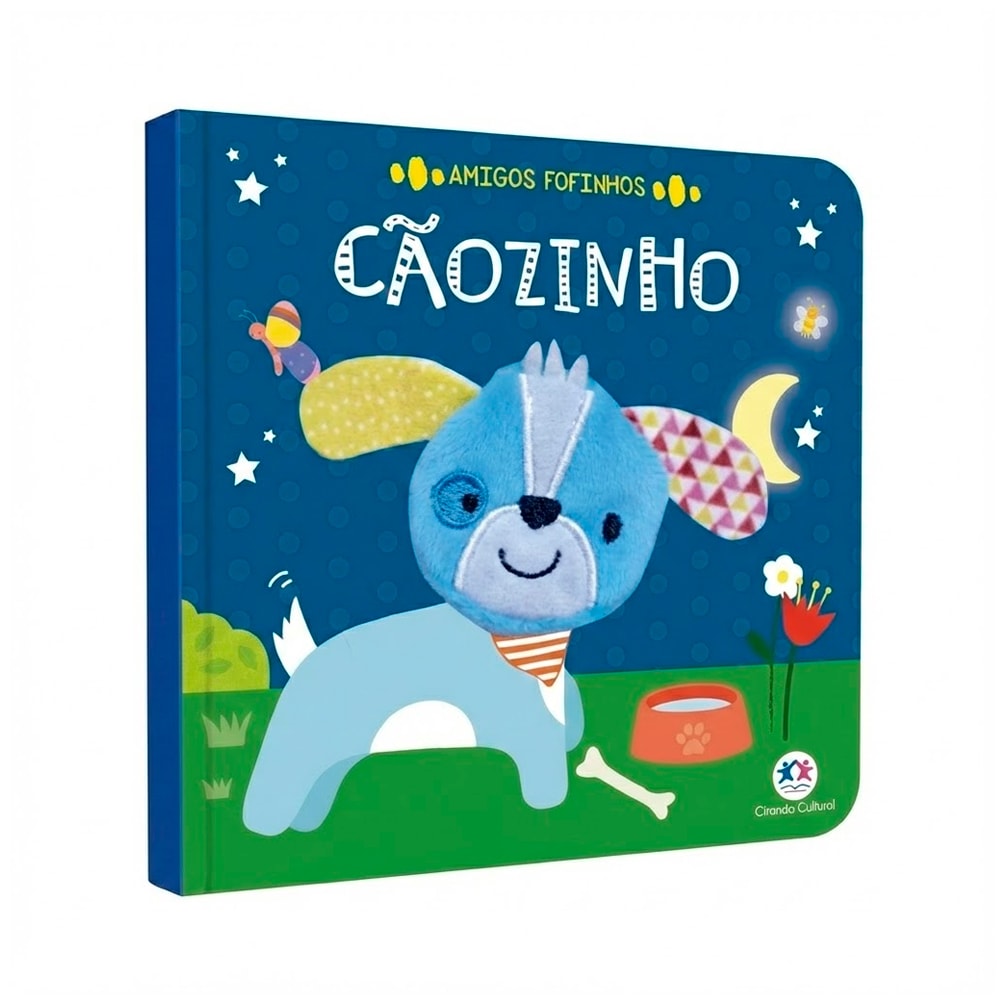 Livro infantil Amigos Fofinhos Cãozinho, capa azul com cachorro de pelúcia. — Plenitude