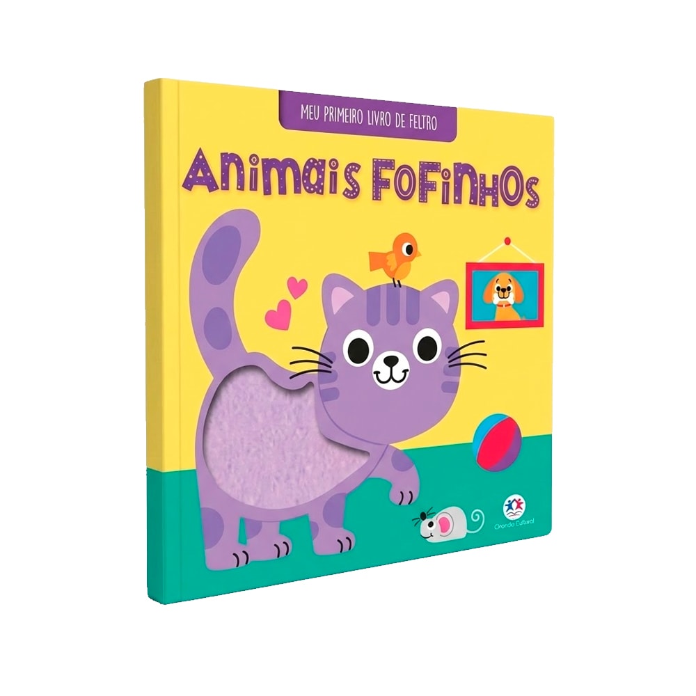Livro infantil de feltro Meu Primeiro Livro de Feltro | Animais Fofinhos, capa amarela com gato roxo. — Plenitude