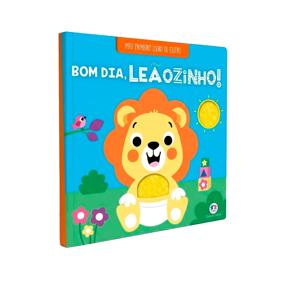 Livro infantil de feltro Meu Primeiro Livro de Feltro | Bom Dia Leãozinho, capa azul com leão amarelo. — Plenitude