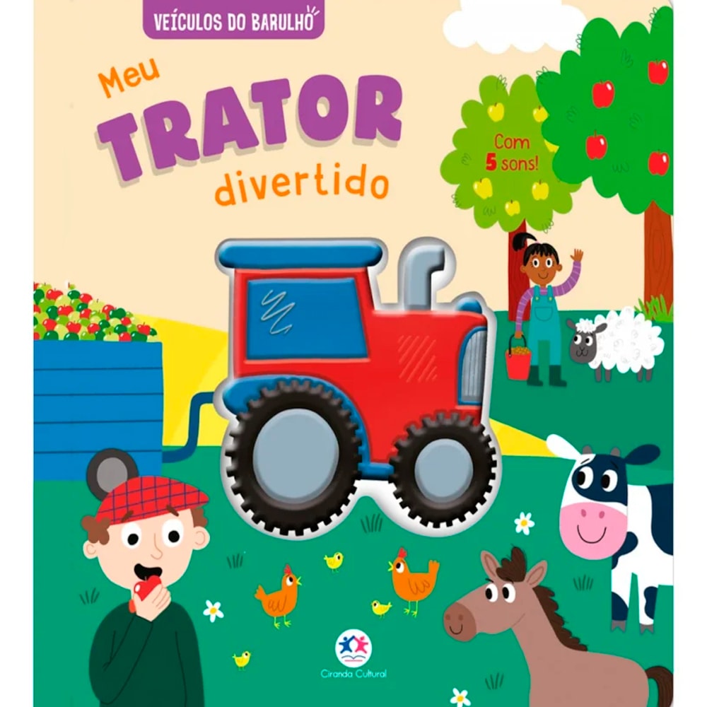 Livro sonoro infantil "Meu Trator Divertido" com capa colorida e ilustração de trator vermelho e azul. — Plenitude