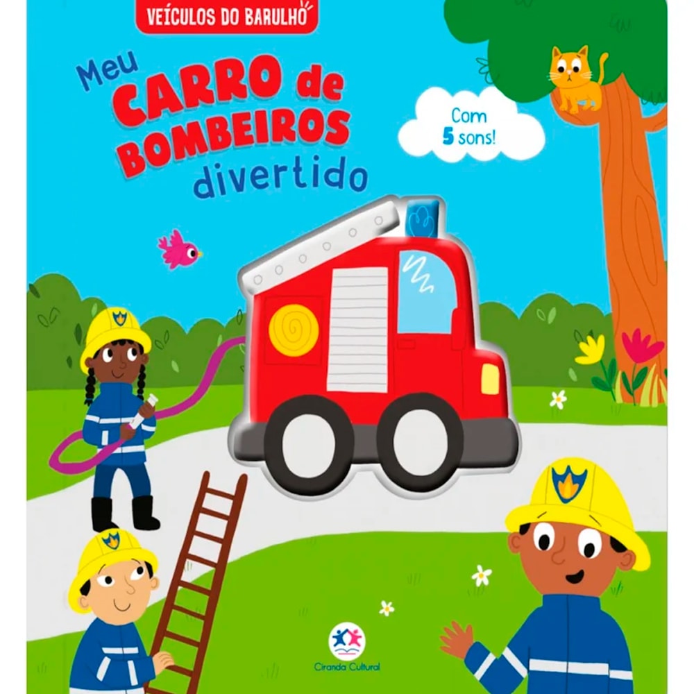 Livro Sonoro "Meu Carro de Bombeiros Divertido", capa azul com um caminhão de bombeiros e 5 sons. — Plenitude