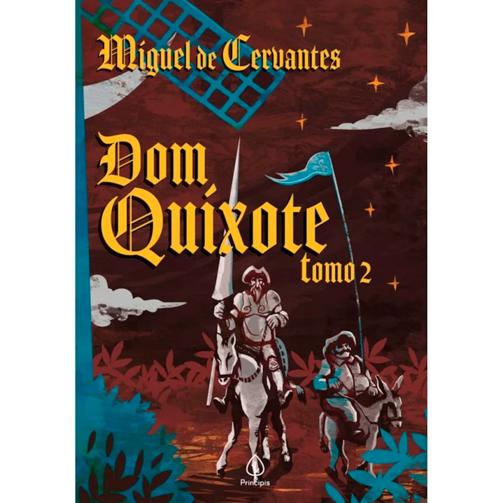 Livro Dom Quixote | Tomo 2 | Miguel de Cervantes, capa com cavaleiro e escudeiro. — Plenitude