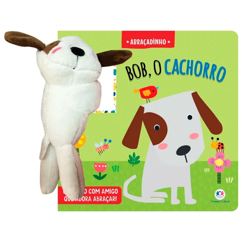 Livro cartonado "Bob o Cachorro" com capa verde e ilustração de cachorro branco e marrom, acompanhado de um boneco de pelúcia. — Plenitude