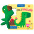 Livro cartonado Fred o Dinossauro | Abraçadinho, capa amarela com dinossauro verde e boneco de pelúcia. — Plenitude