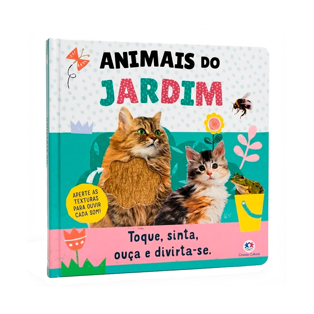 Livro sonoro Animais do Jardim, capa com gatos e sapo, detalhes de flores e abelha. — Plenitude