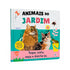 Livro sonoro Animais do Jardim, capa com gatos e sapo, detalhes de flores e abelha. — Plenitude