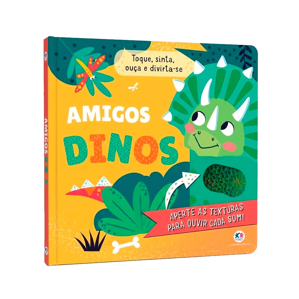 Livro sonoro Amigos Dinos. Capa com ilustração de dinossauro e elementos da natureza. — Plenitude