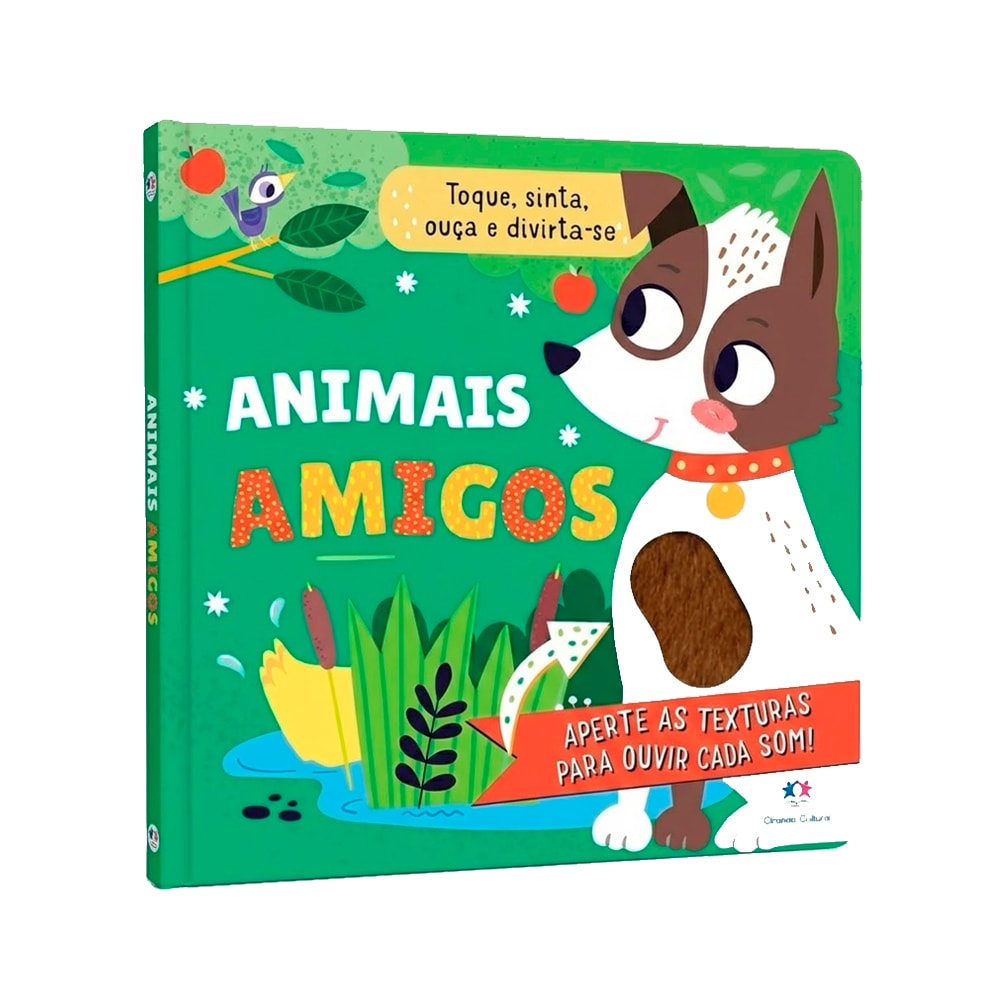 Livro sonoro Animais Amigos, capa verde com cachorro e texto "Aperte as texturas para ouvir cada som!". — Plenitude