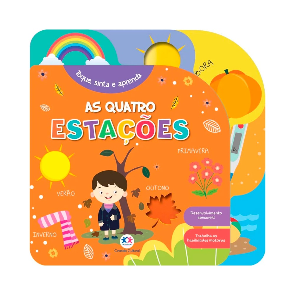Livro infantil As Quatro Estações | Toque, Sinta e Aprenda, capa laranja com ilustrações das estações. — Plenitude