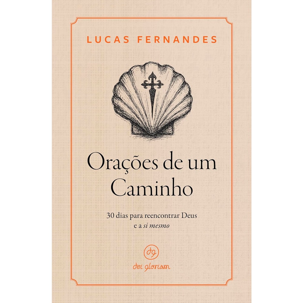 Livro Orações de Um Caminho, capa bege com ilustração de concha e cruz, e título em preto — Plenitude