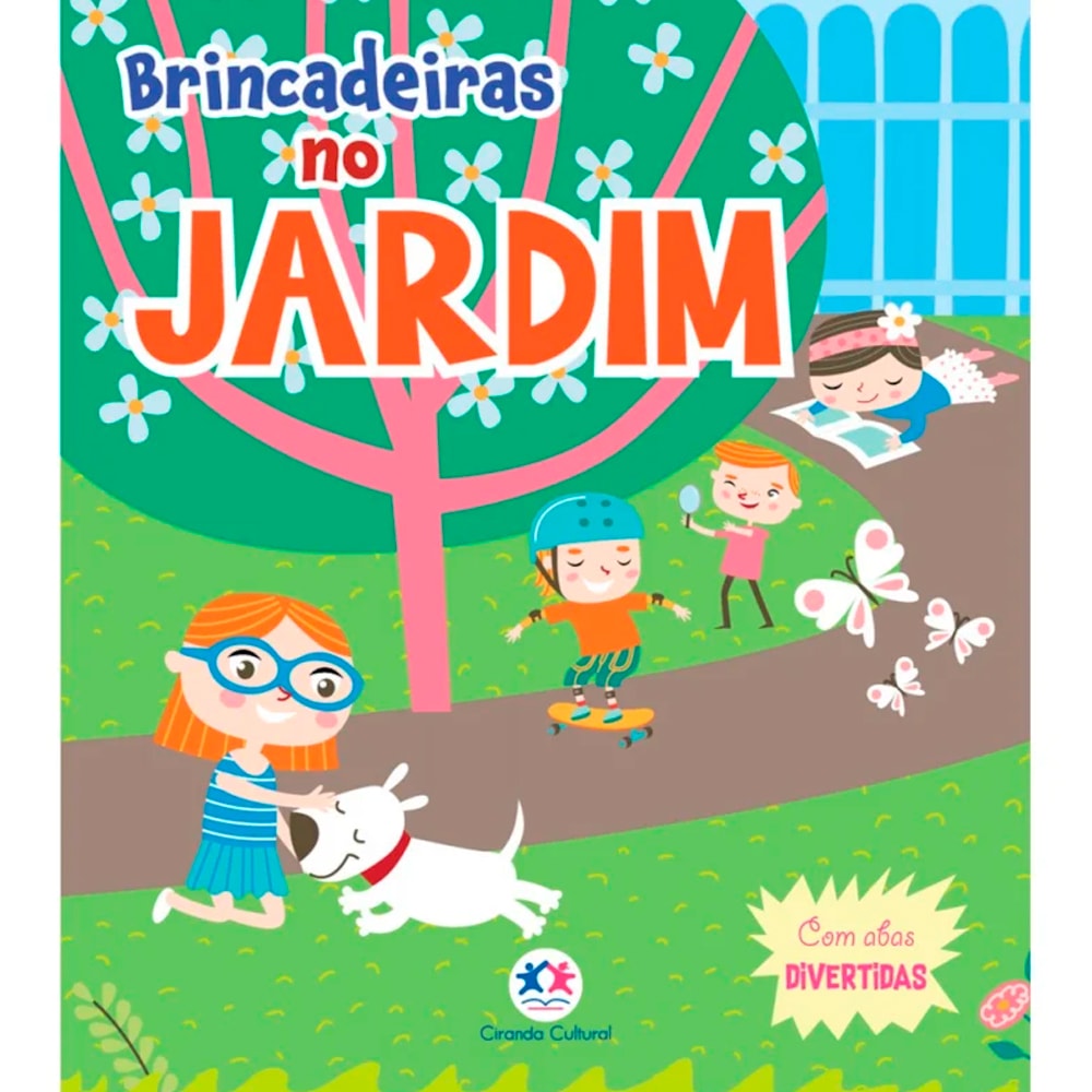 Livro infantil Brincadeiras No Jardim, capa verde com crianças brincando no jardim. — Plenitude