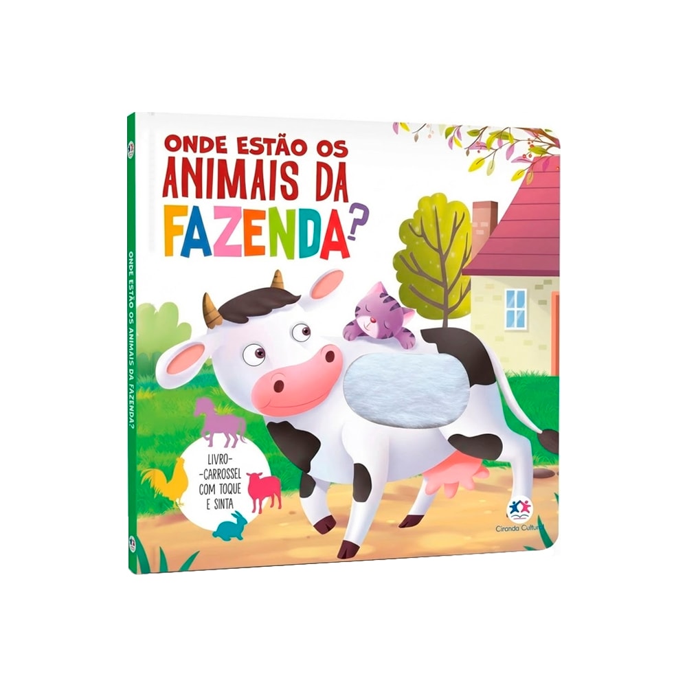 Livro infantil Onde Estão Os Animais Da Fazenda?, capa branca com vaca e texturas. — Plenitude