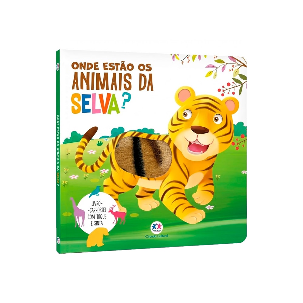 Livro infantil Onde Estão Os Animais Da Selva?, capa branca com tigre e texturas. — Plenitude