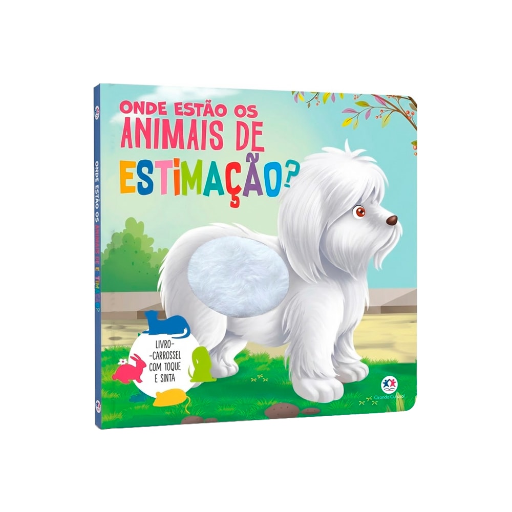 Livro infantil Onde Estão Os Animais De Estimação?, capa com cachorro branco e textura tátil. — Plenitude