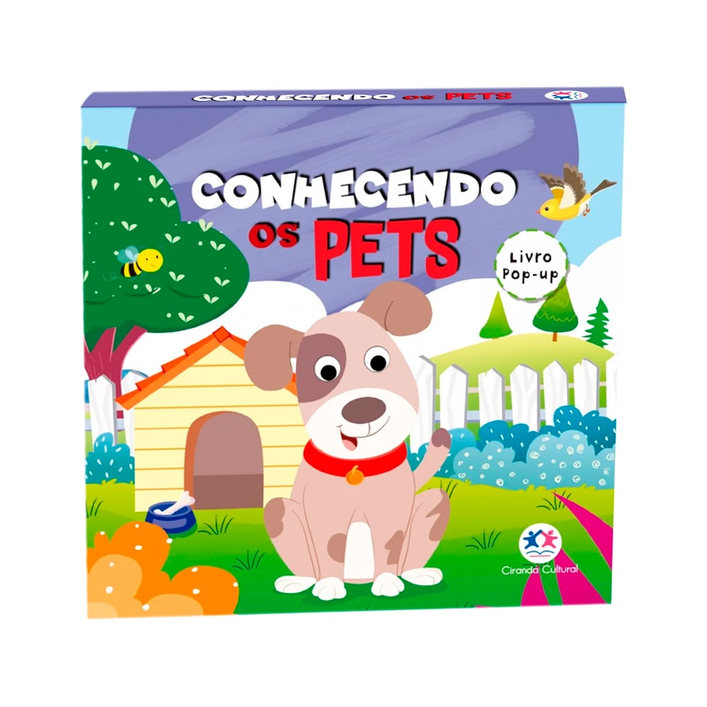 Livro pop-up "Conhecendo os Pets", capa colorida com um cachorro e uma casinha. — Plenitude