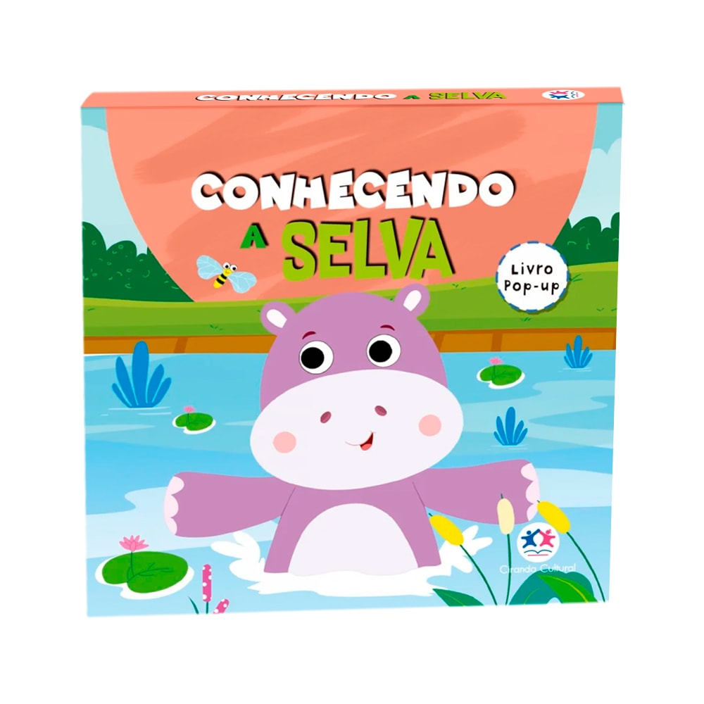 Livro pop-up "Conhecendo a Selva", capa colorida com um hipopótamo em um lago. — Plenitude