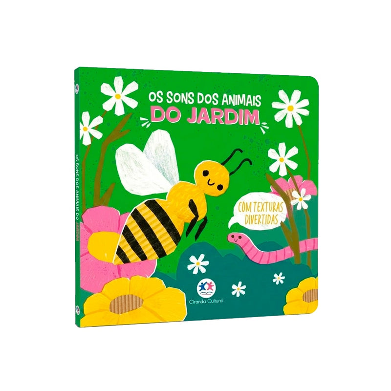 Livro infantil "Os Sons dos Animais do Jardim" com capa verde e ilustração de abelha. — Plenitude