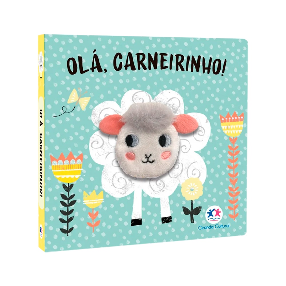 Livro infantil Olá Carneirinho Dedoche, capa azul com carneirinho de pelúcia. — Plenitude