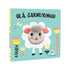 Livro infantil Olá Carneirinho Dedoche, capa azul com carneirinho de pelúcia. — Plenitude