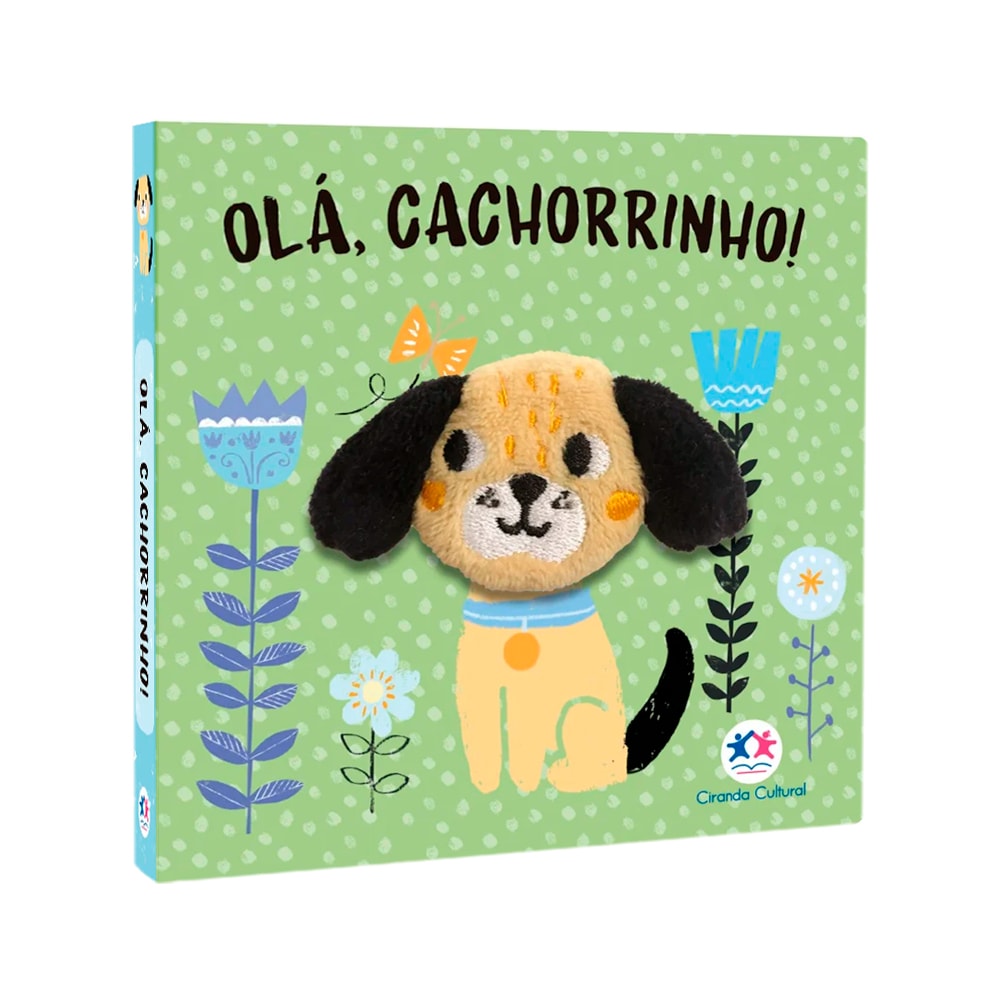 Livro infantil "Olá Cachorrinho" com dedoche, capa verde clara com um cachorrinho de pelúcia. — Plenitude