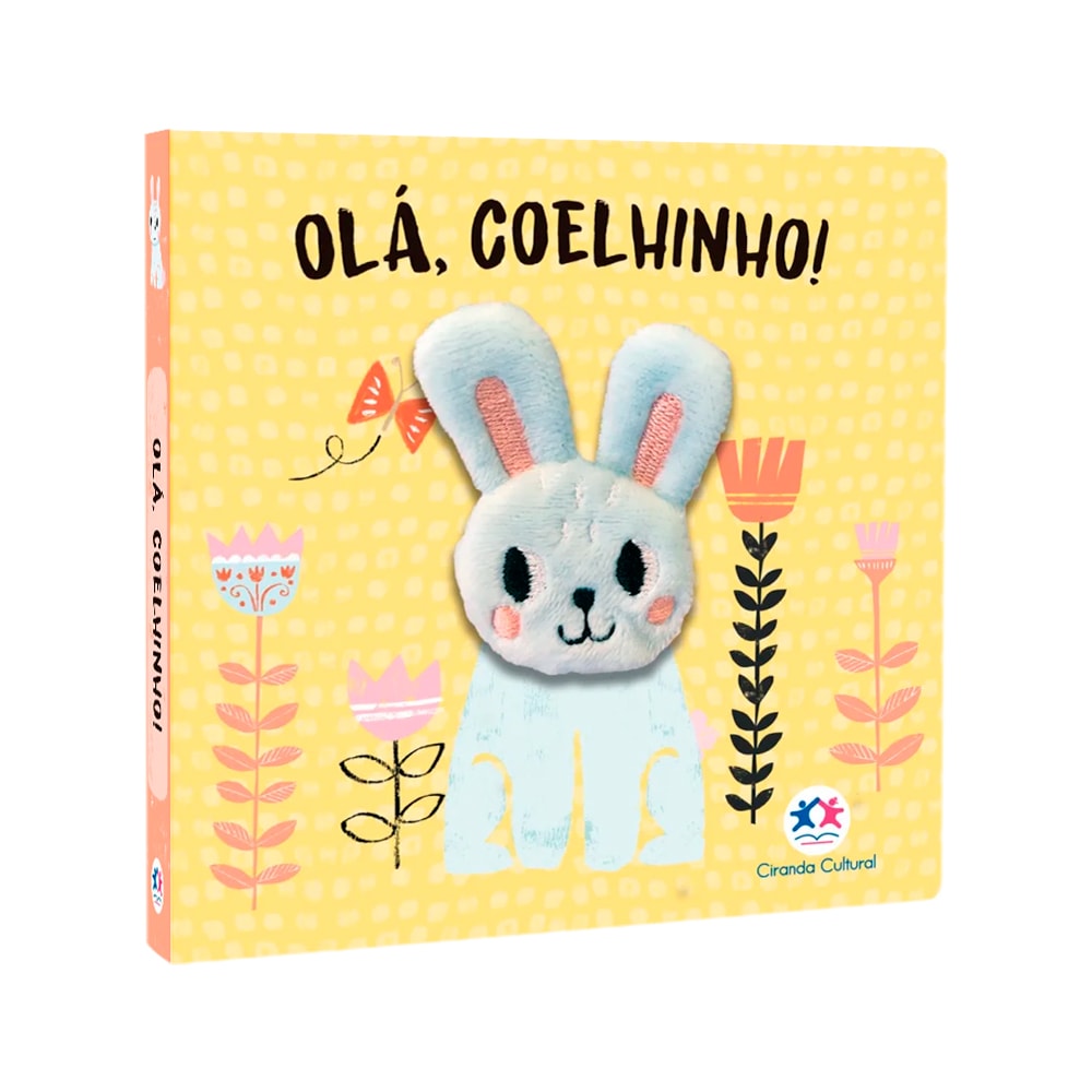 Livro infantil Olá Coelhinho, capa amarela com coelho de pelúcia no centro. — Plenitude
