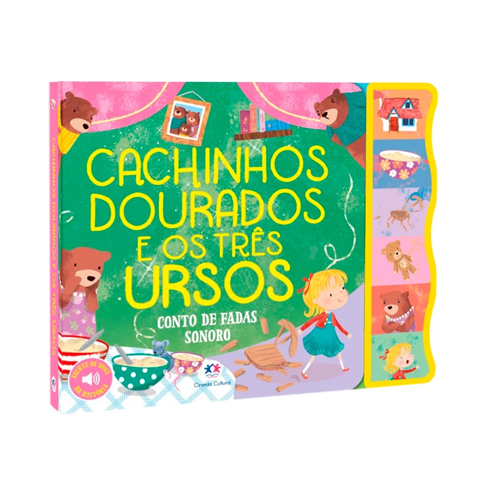 Livro infantil sonoro Cachinhos Dourados e os Três Ursos, capa colorida com ilustrações dos personagens. — Plenitude