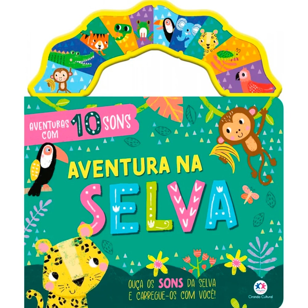 Livro infantil Aventura na Selva, capa verde com animais da selva e alça amarela. — Plenitude