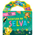 Livro infantil Aventura na Selva, capa verde com animais da selva e alça amarela. — Plenitude