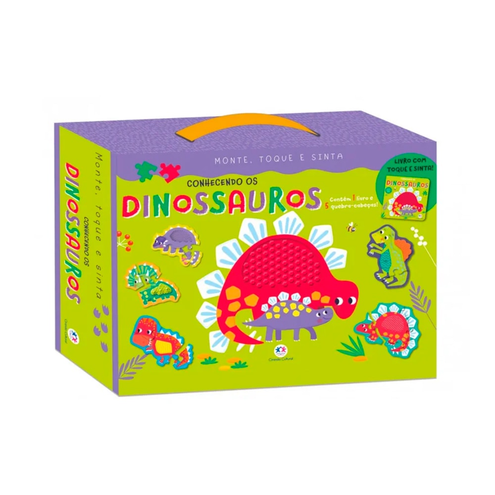 Livro infantil Conhecendo os Dinossauros | Monte, Toque e Sinta, caixa verde com dinossauros. — Plenitude
