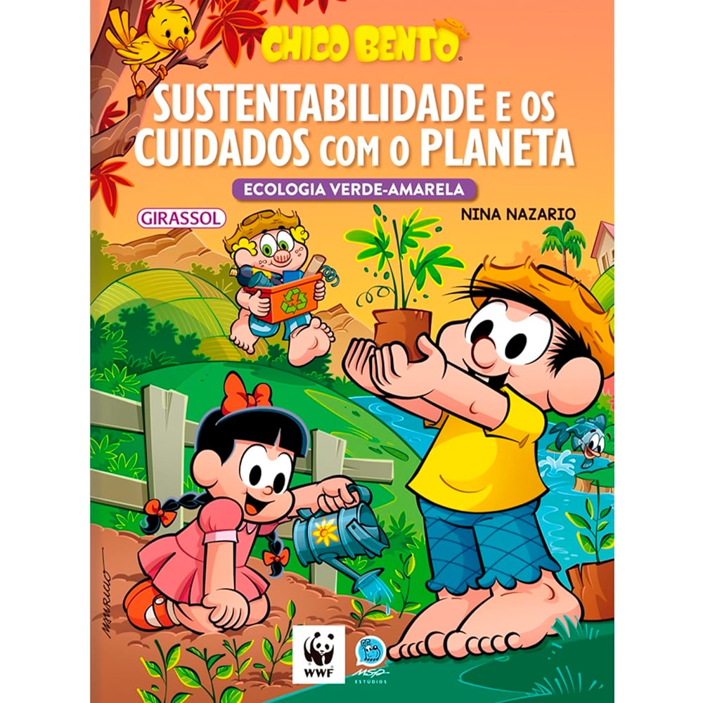 Livro Chico Bento Sustentabilidade e os Cuidados Com o Planeta, capa verde com personagens plantando. — Plenitude