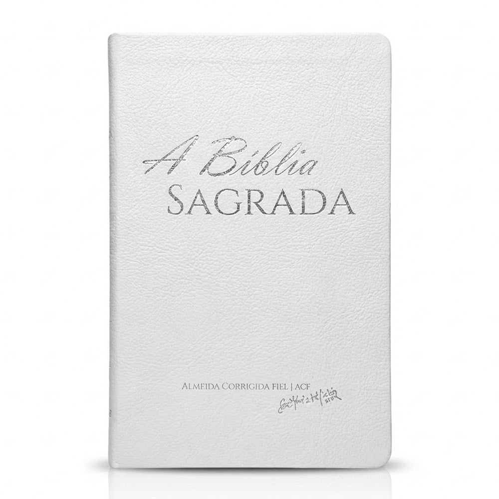 Bíblia Sagrada Slim ACF, capa branca semi luxo com letras prateadas, "A Bíblia Sagrada" em destaque. — Plenitude