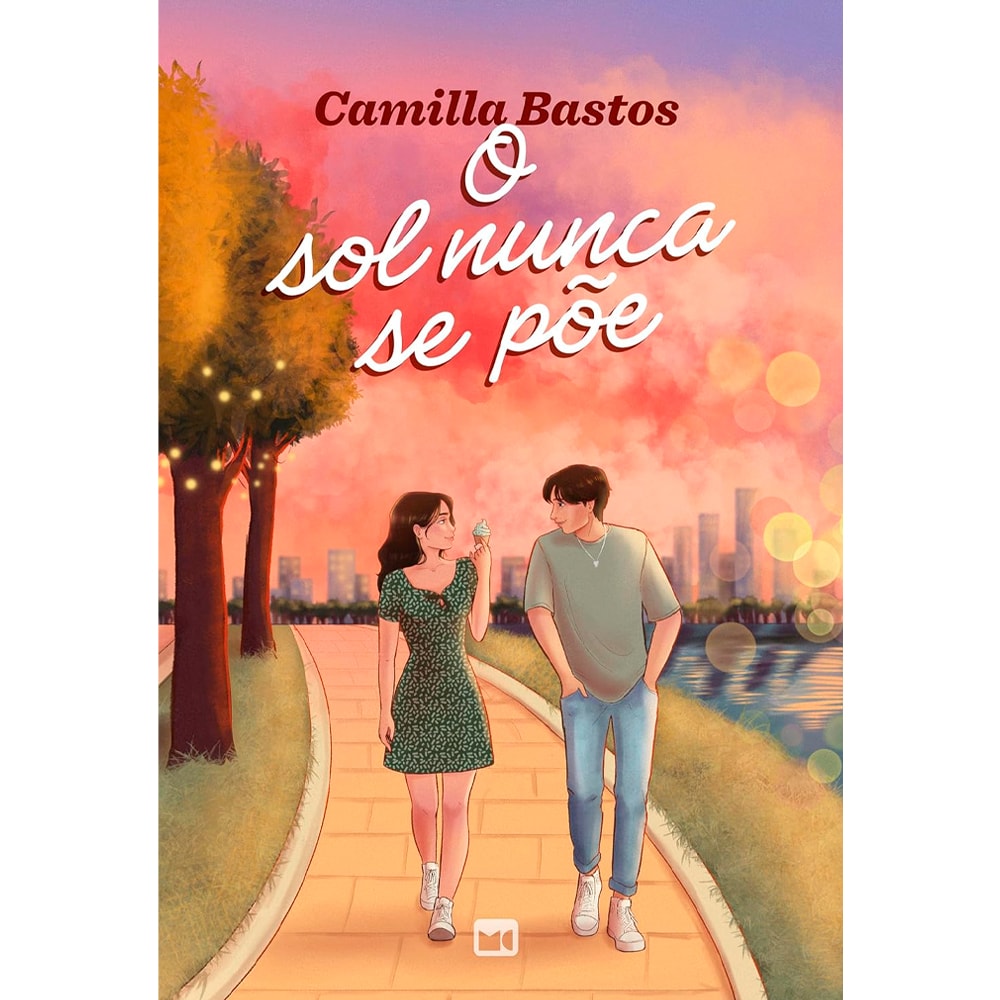 Livro O Sol Nunca Se Põe de Camilla Bastos, capa com ilustração de casal caminhando ao pôr do sol. — Plenitude
