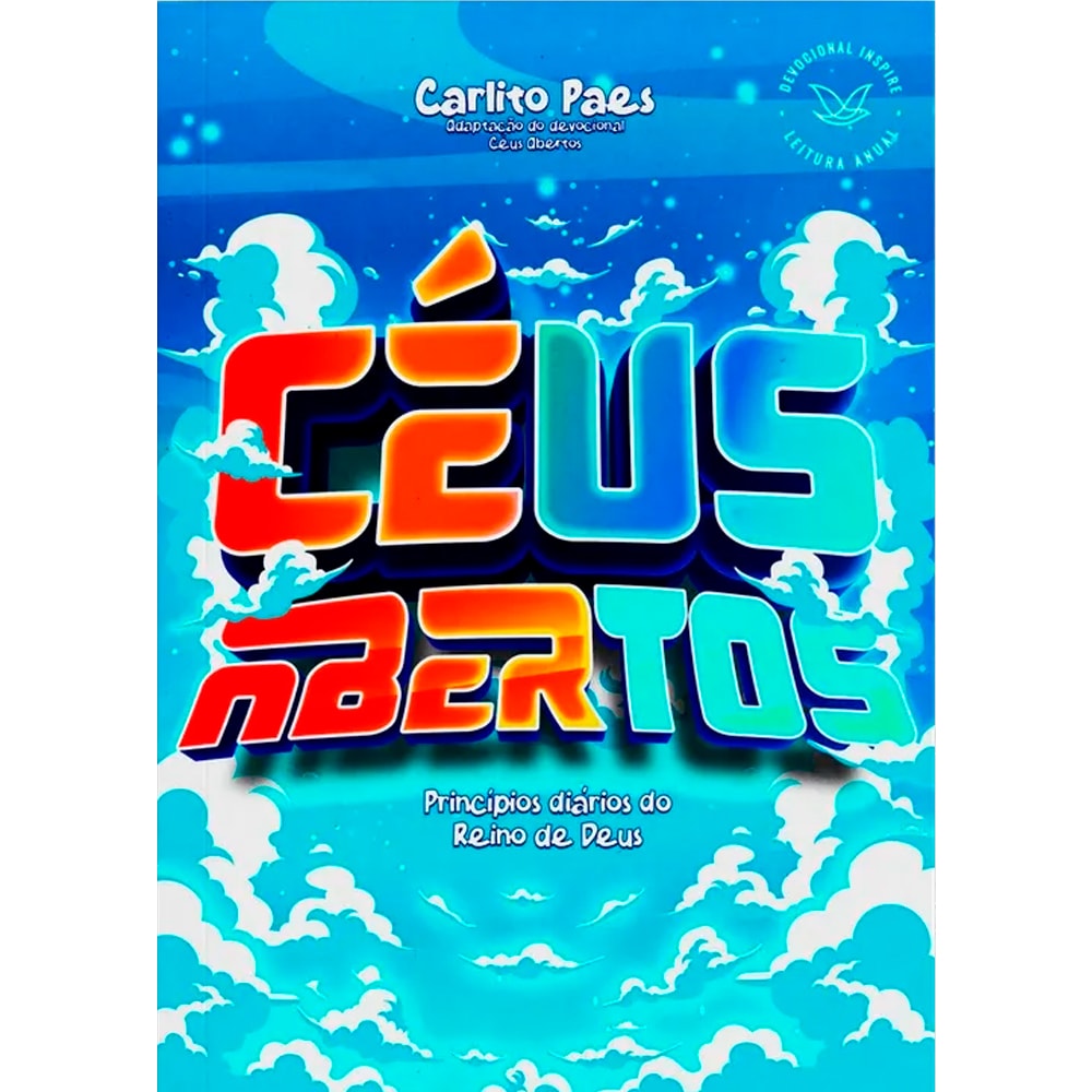Livro de capa mole, "Devocional Céus Abertos | Carlito Paes", com capa azul clara e letras coloridas em vermelho e azul. — Plenitude