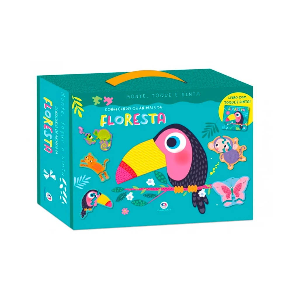 Livro infantil Conhecendo os Animais da Floresta | Monte, Toque e Sinta, caixa azul com tucano. — Plenitude