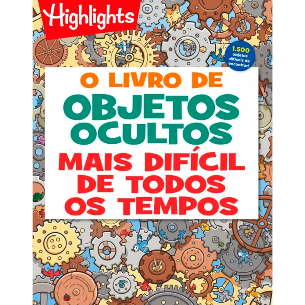 Livro O Livro de Objetos Ocultos Mais Difícil de Todos os Tempos, capa colorida com engrenagens. — Plenitude