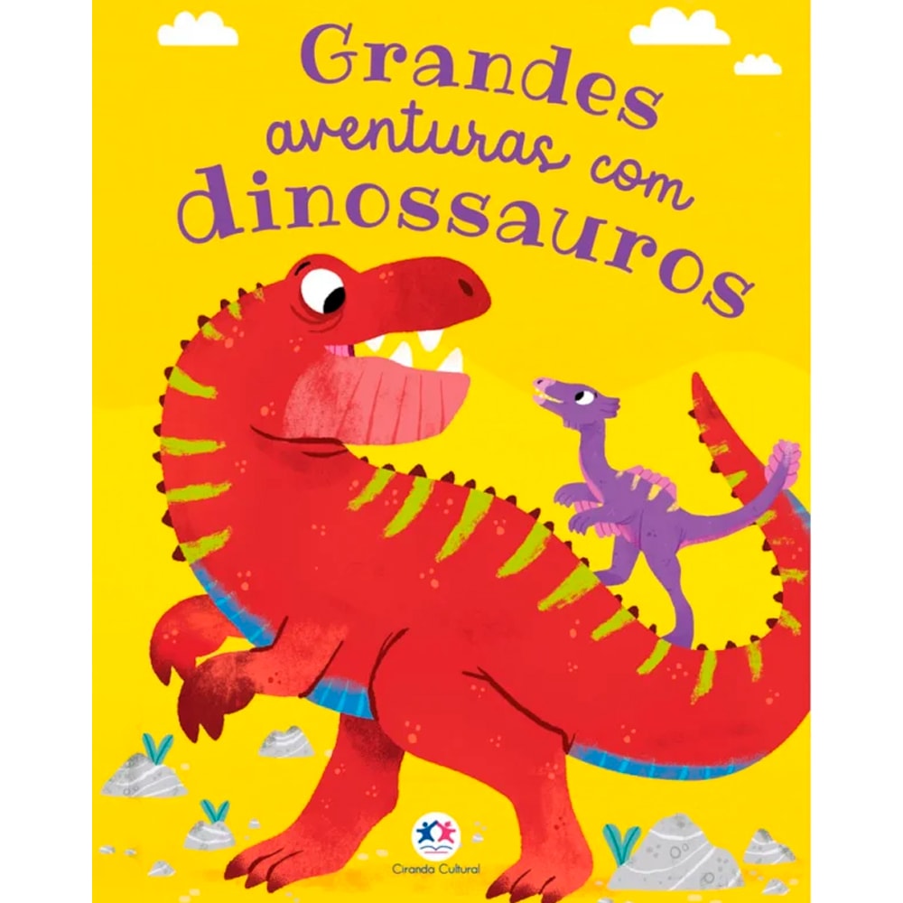 Livro infantil Grandes Aventuras Com Dinossauros | Catherine Veitch e Fran Bromage, capa amarela com dinossauros. — Plenitude