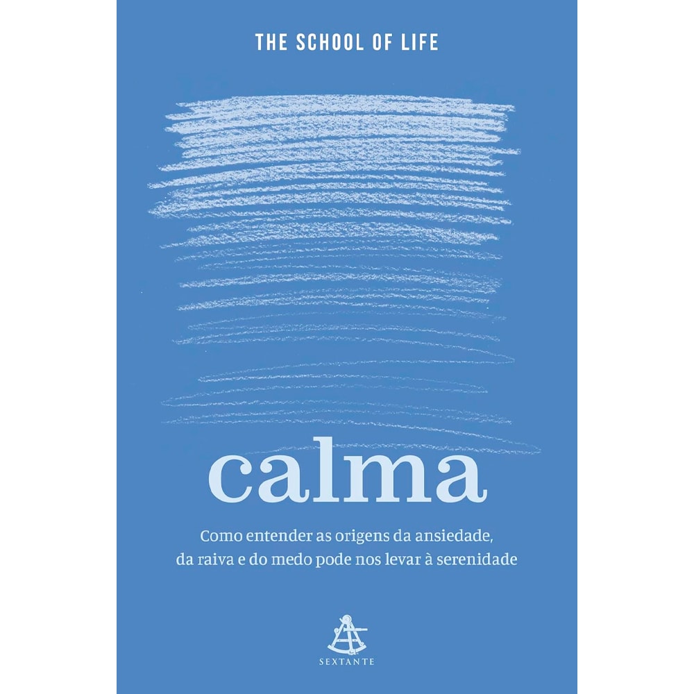 Livro Calma, da The School Of Life, capa azul com riscos brancos e título em branco. — Plenitude