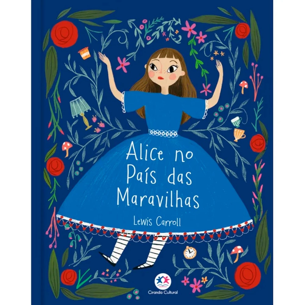 Capa de livro infantil "Alice no País das Maravilhas" de Lewis Carroll, azul com Alice e flores. — Plenitude