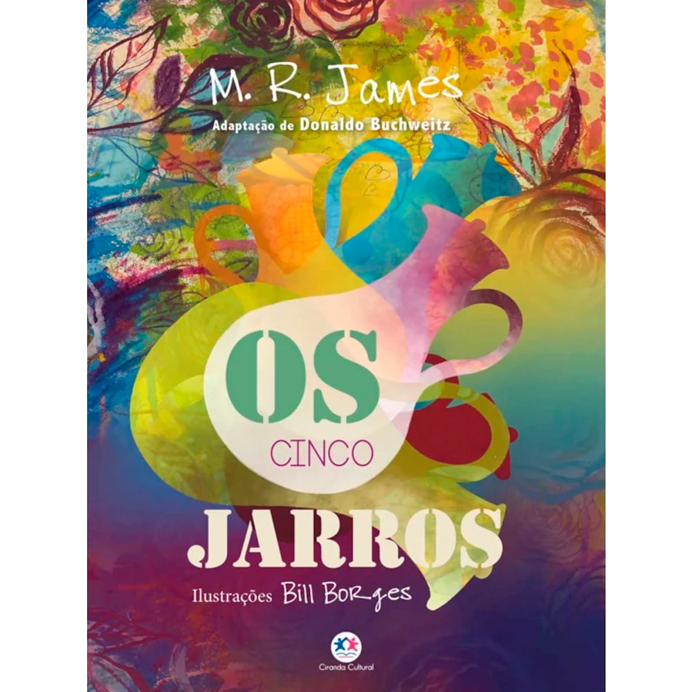 Livro Os Cinco Jarros de M. R. James, capa colorida com ilustrações de jarros. — Plenitude