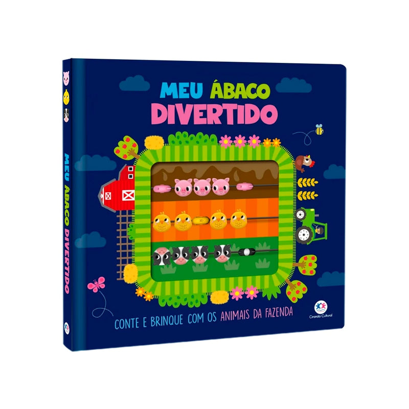 Livro infantil Meu Ábaco Divertido, capa azul com ábaco de animais da fazenda. — Plenitude