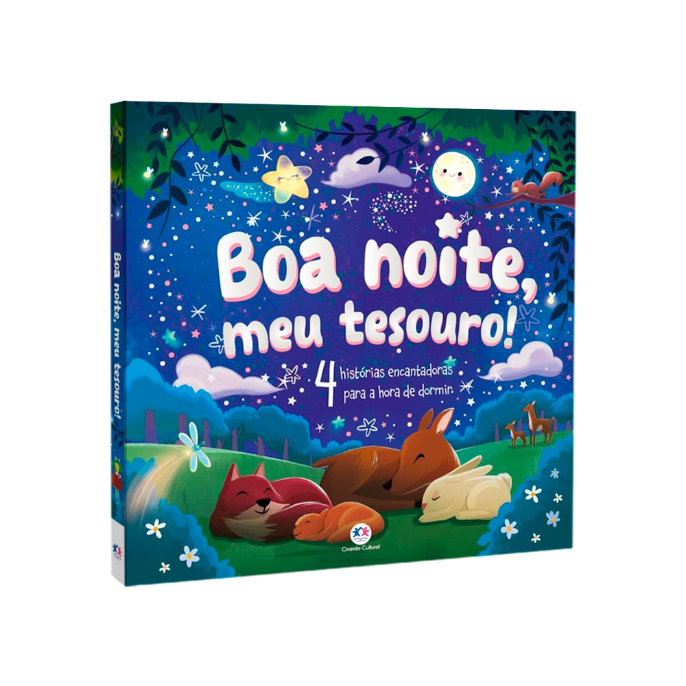 Livro infantil Boa Noite Meu Tesouro de Claire Mowat e Sienna Williams, capa azul noturna com animais. — Plenitude